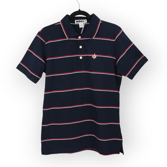 NEW Small BOAST USA Mens Jersey Striped Polo Navy White Red Cotton - Picture 3 of 9